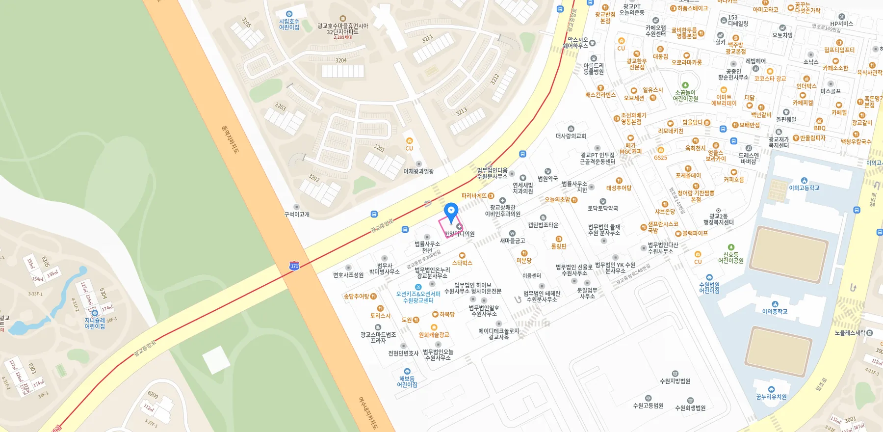 김종수 법률사무소 위치 지도 — 수원시 영통구 광교중앙로 244 (법조타운사거리)